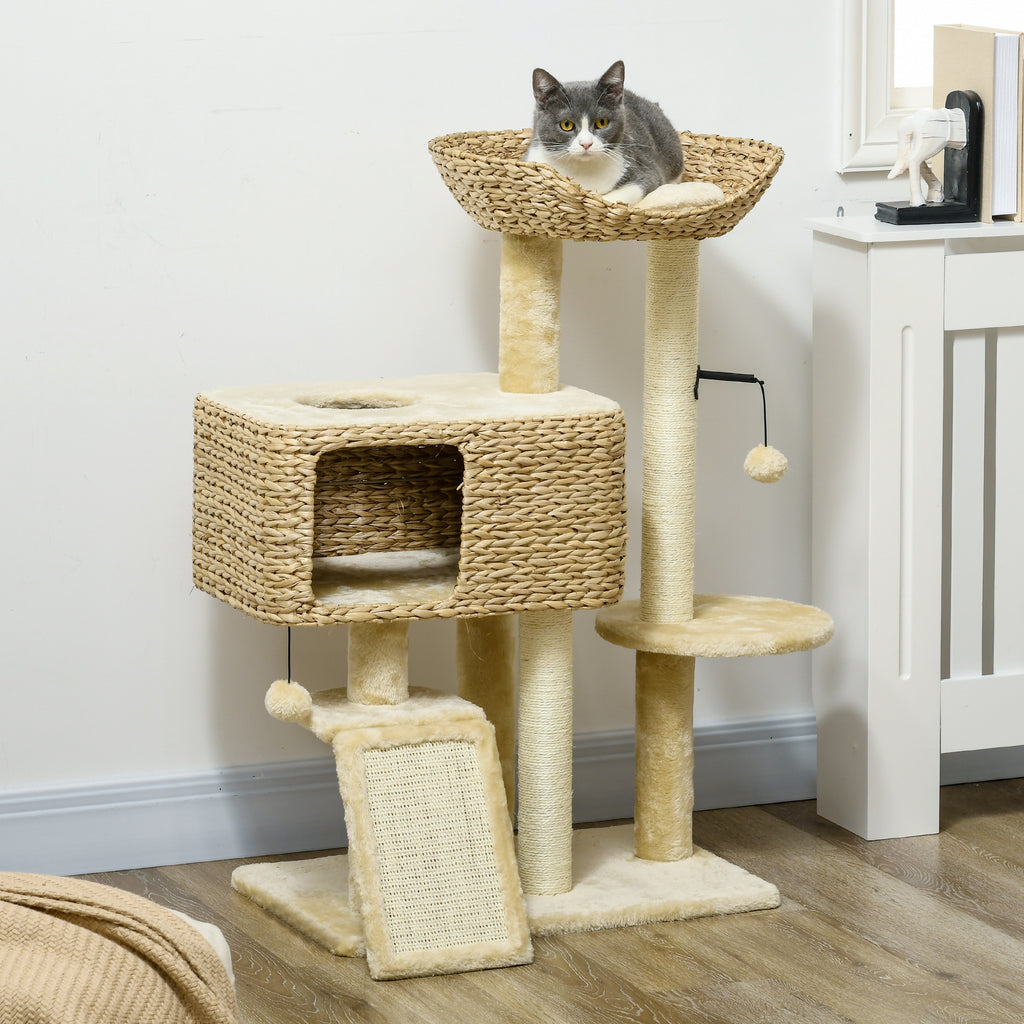 KittyFrenzy beige 3-level cat tree tower with hammock and condo